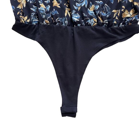 Pleione Blouse Top Bodysuit Blue Floral V-Neck Semi Sheer Blouse Medium NEW - Picture 5 of 12